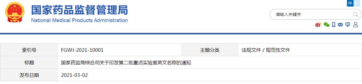 國(guó)家藥監(jiān)局第二批重點(diǎn)實(shí)驗(yàn)室中英文名稱對(duì)照表（藥監(jiān)綜科外函〔2021〕115號(hào)）